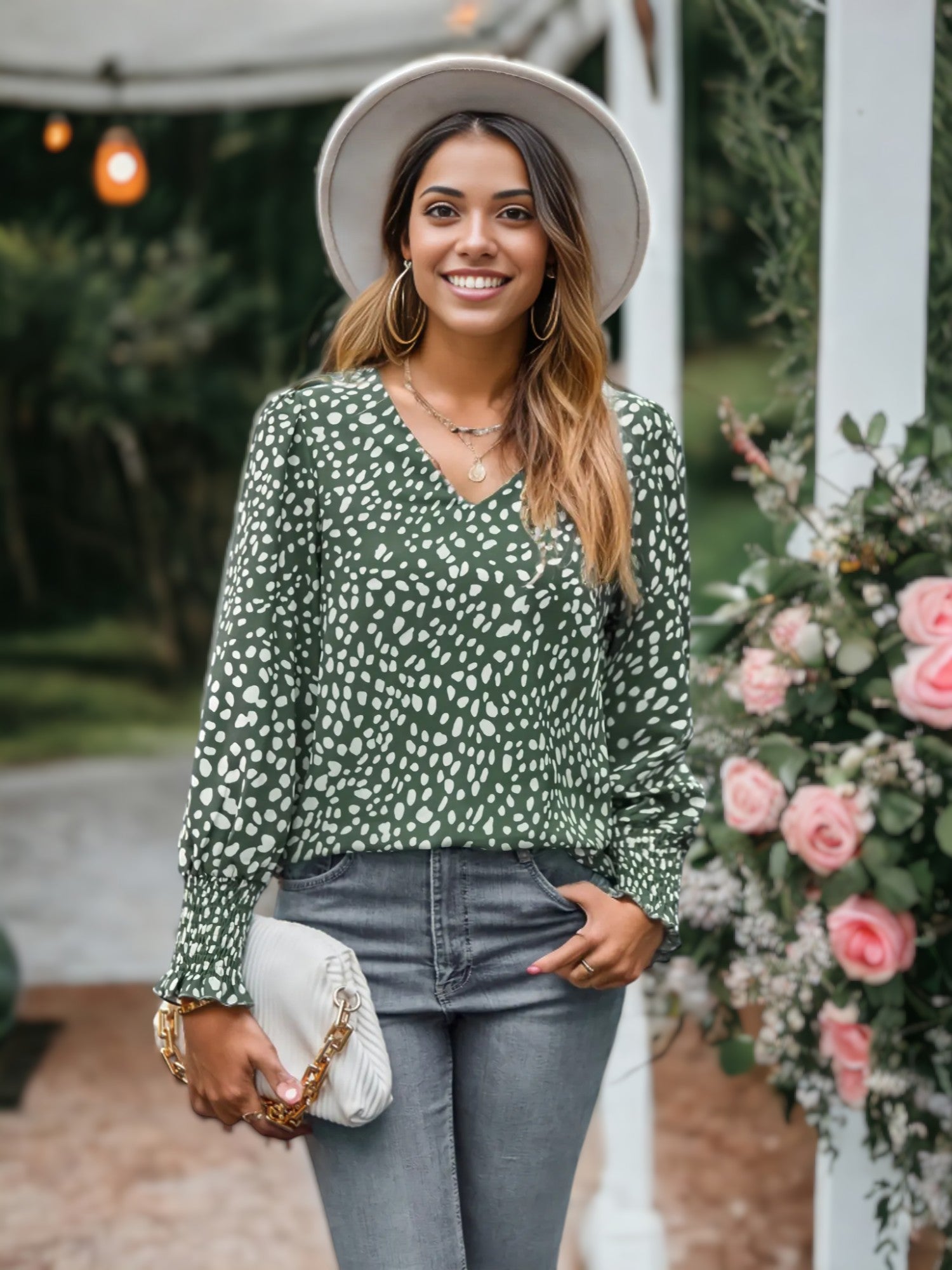 Long Sleeve Light V-Neck Bishop Sleeve Leopard Blouse