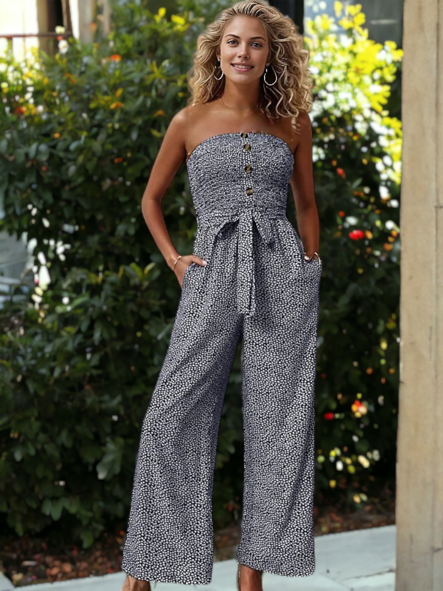 Buttoned Smock Ribbon Strapped Straight Leg Jumpsuit