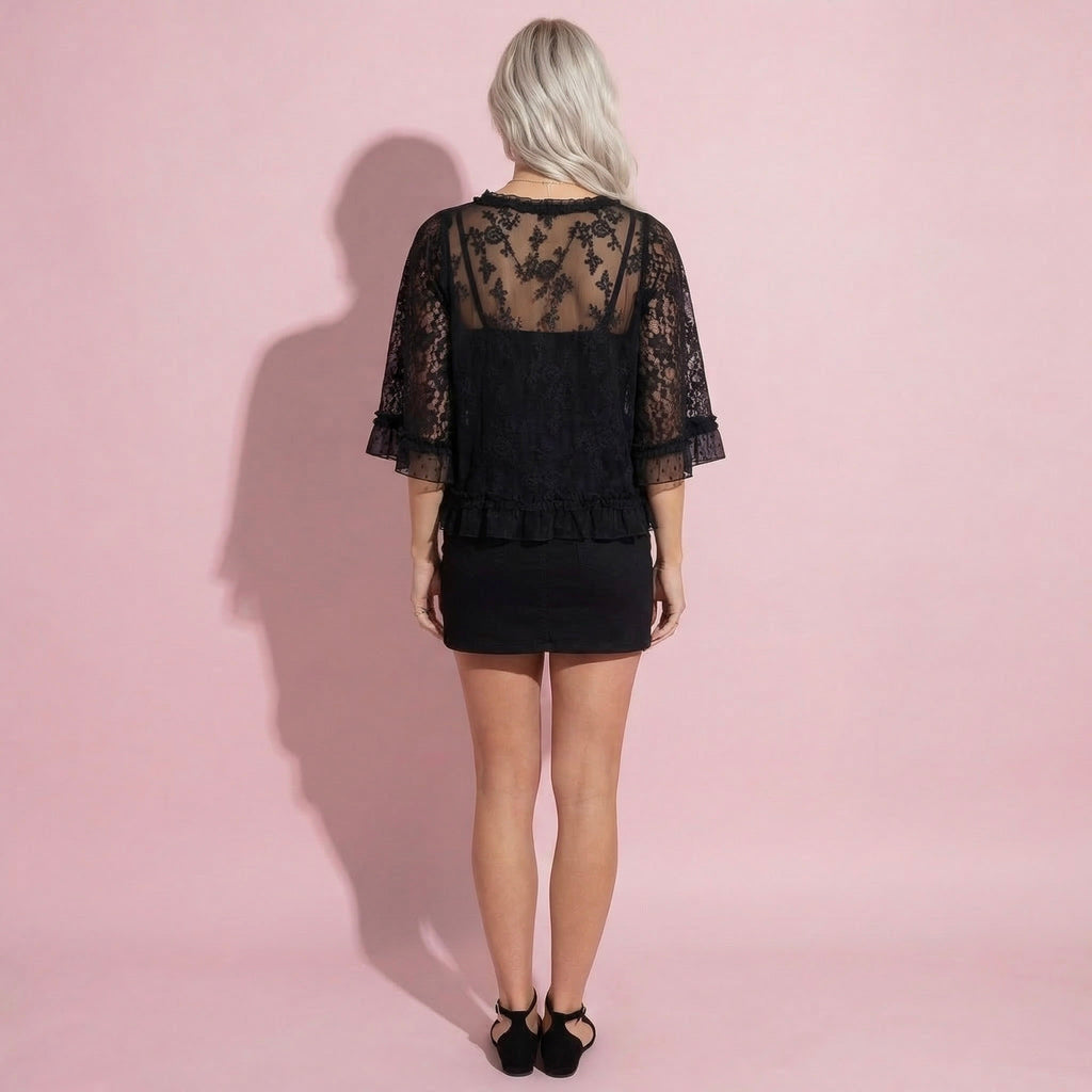 Anna-Kaci Womens Three Quarter Sleeve Lace Mesh Layering Blouse Top