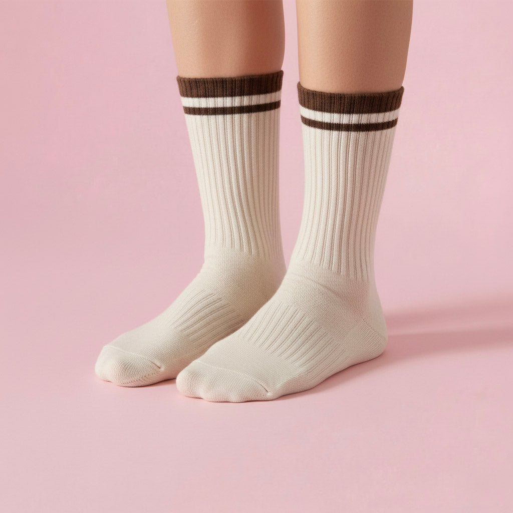 Anna-Kaci Women's 4-Pack Ribbed Crew Socks with Double Stripe Cuff Soft Stretch Fit in Neutral Tones