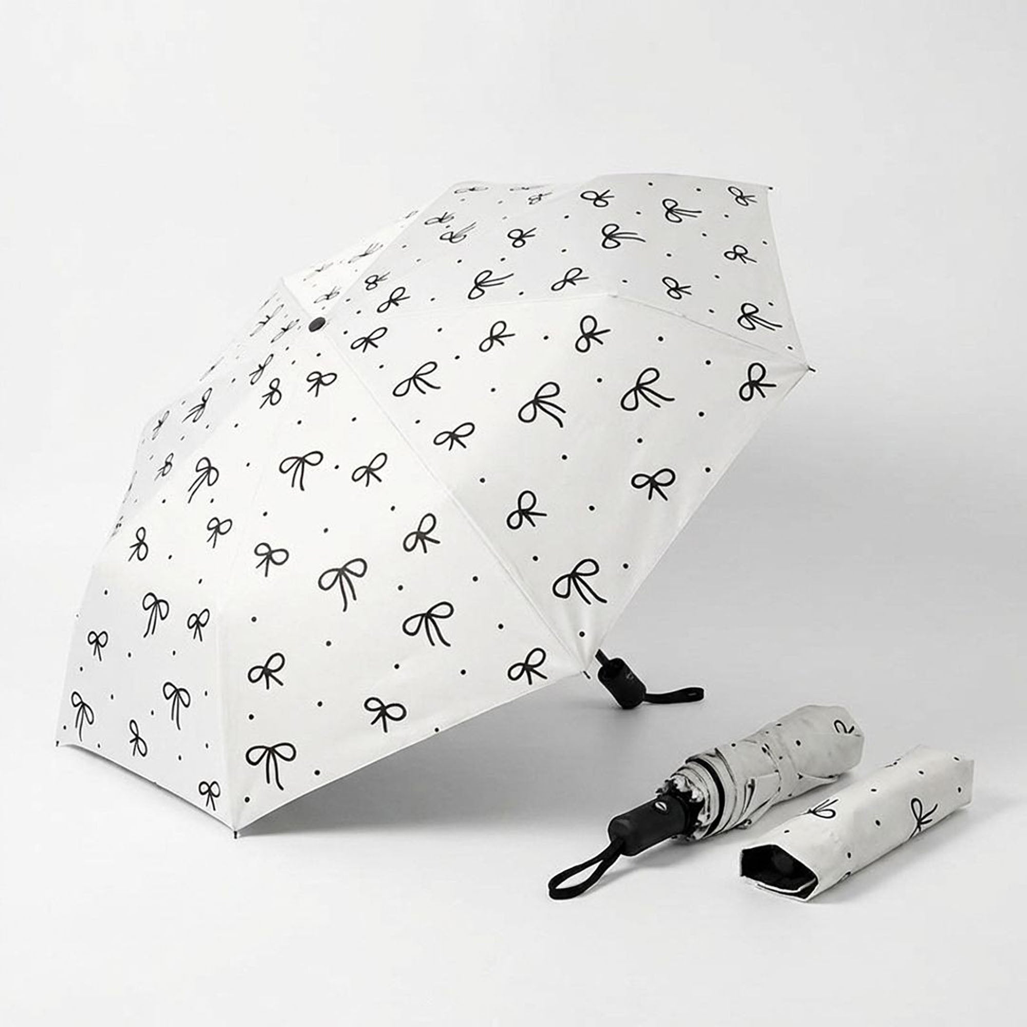 Anna-Kaci Compact Folding Umbrella with Bow Print Canopy Automatic Open Wind Resistant Frame and Strap