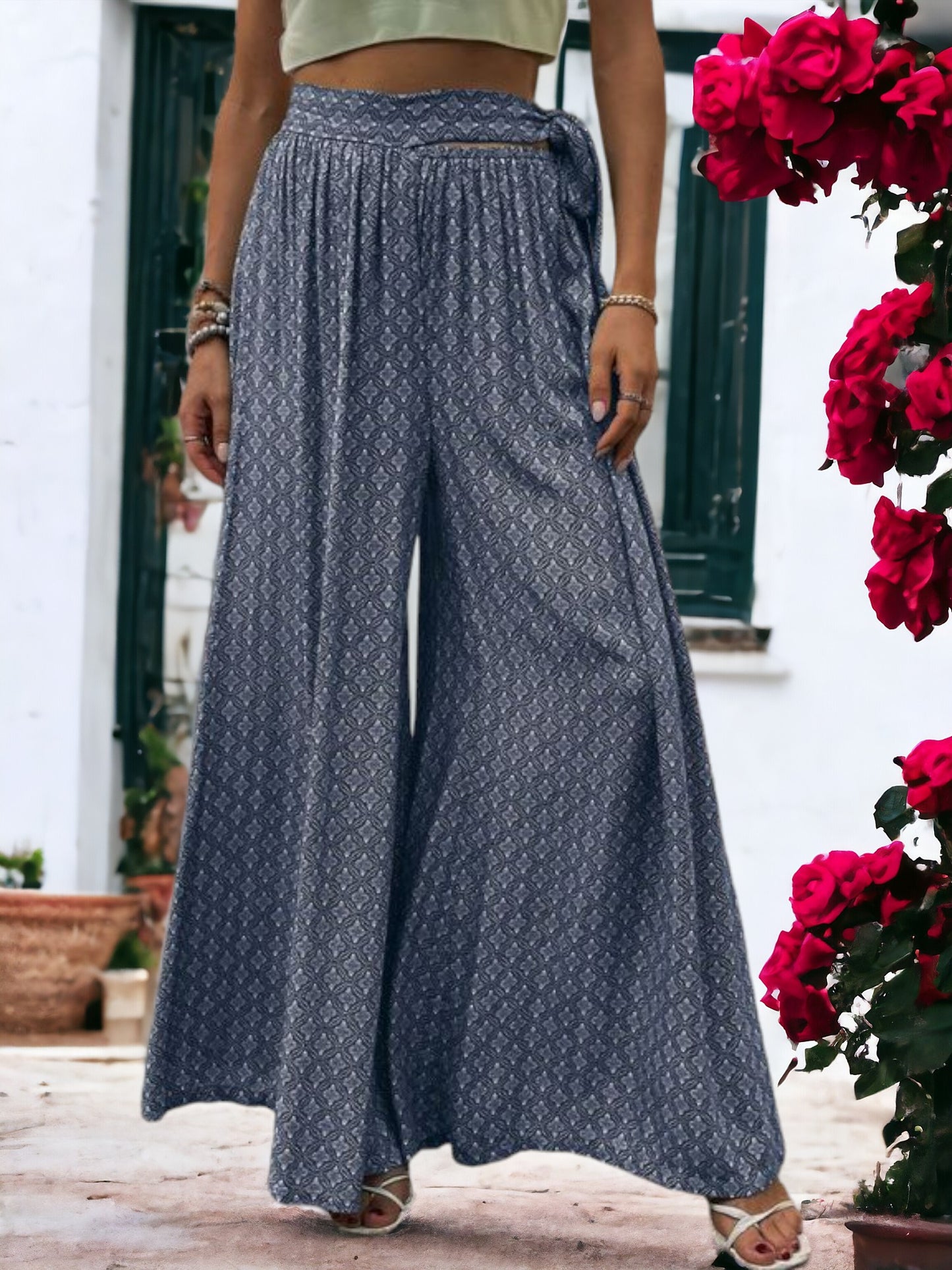Printed Wide Legged  Waist Tied Pants