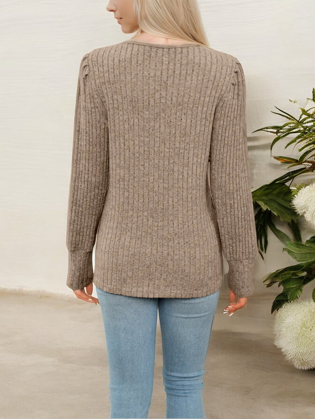 Women's V-Neck Ribbed Knit Sweater with Lace Trim Detail
