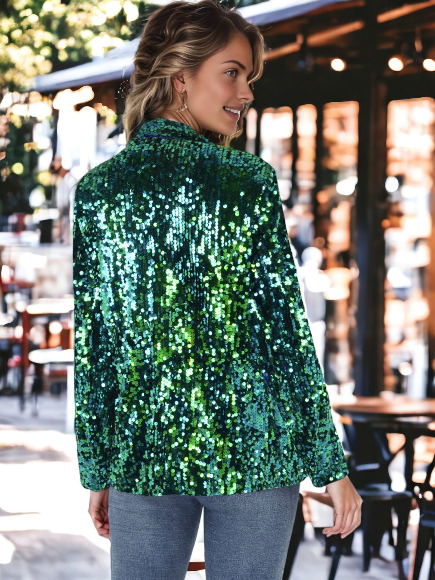 Chaqueta tipo blazer de fiesta con abertura frontal y mangas largas con purpurina