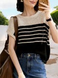 Anna-Kaci Women's Striped Knit Sleeveless Sweater Top with Round Neck