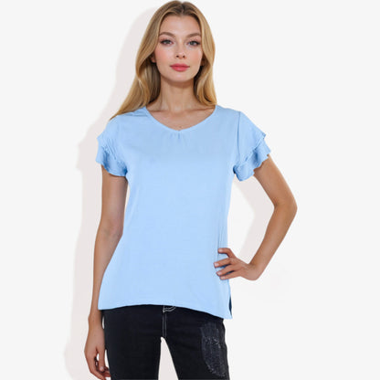 Blusa de mujer de manga corta con escote en V y mangas con volantes de doble capa