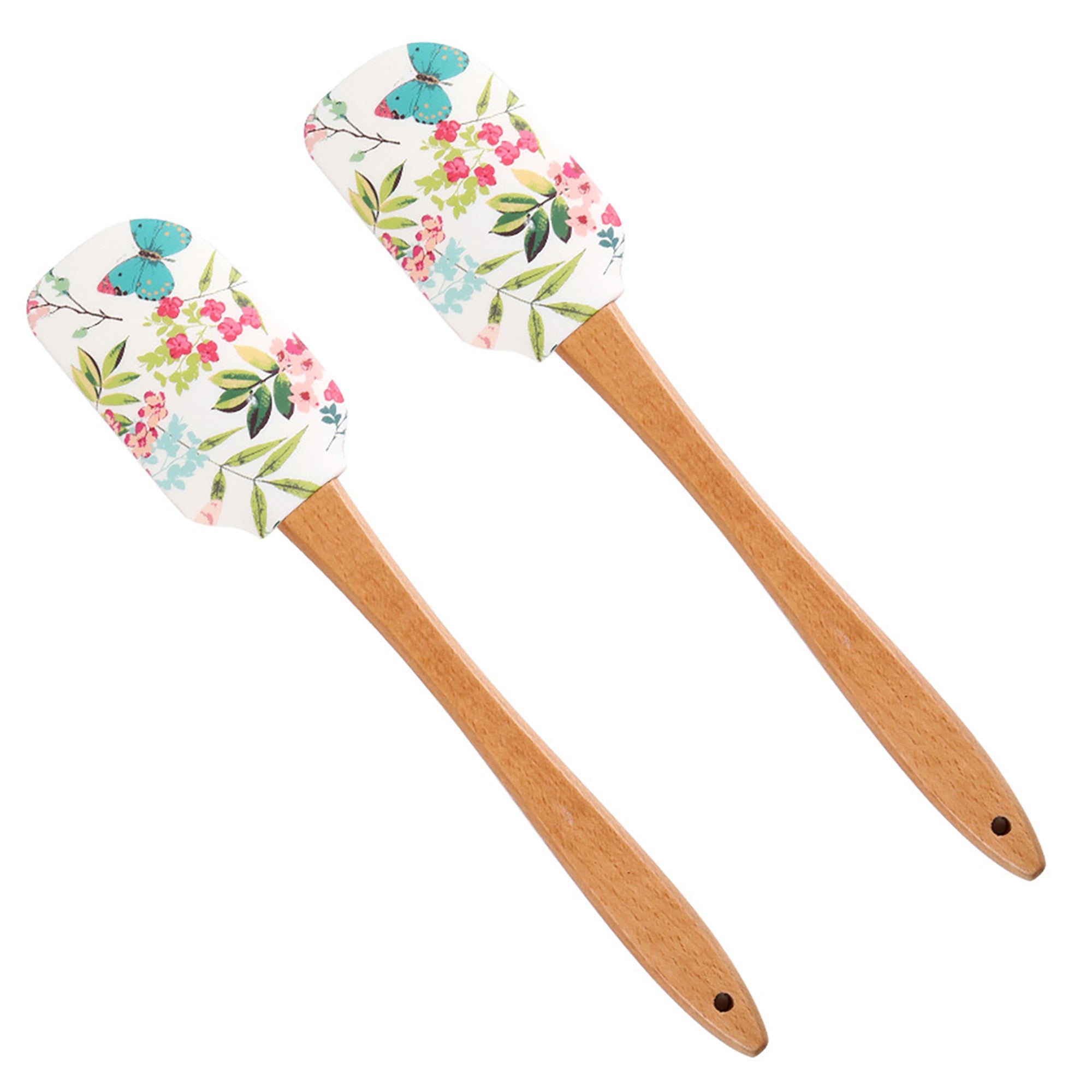 Anna-Kaci Silicone Spatula Set Butterfly Floral Print Wooden Handle Heat Resistant Baking Mixing Tools 2 Piece