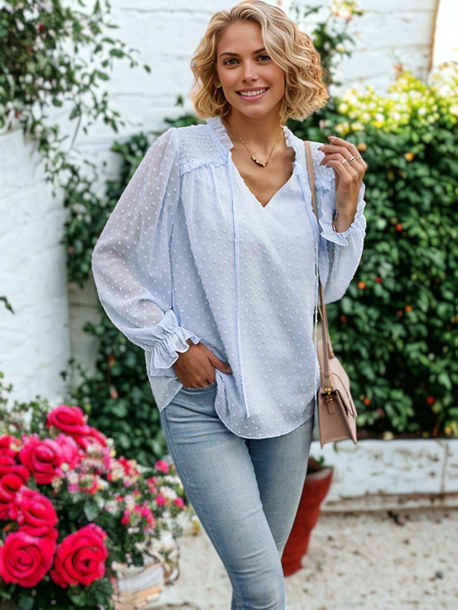 Ruffle Tie Neck Swiss Dot Blouse
