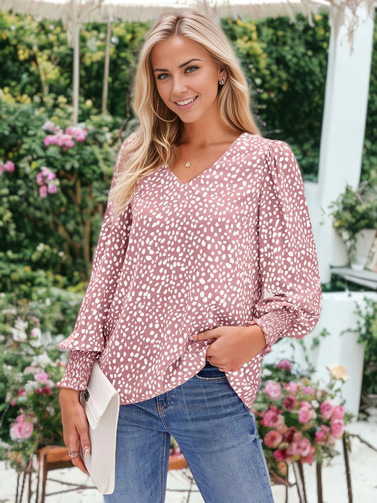Long Sleeve Light V-Neck Bishop Sleeve Leopard Blouse