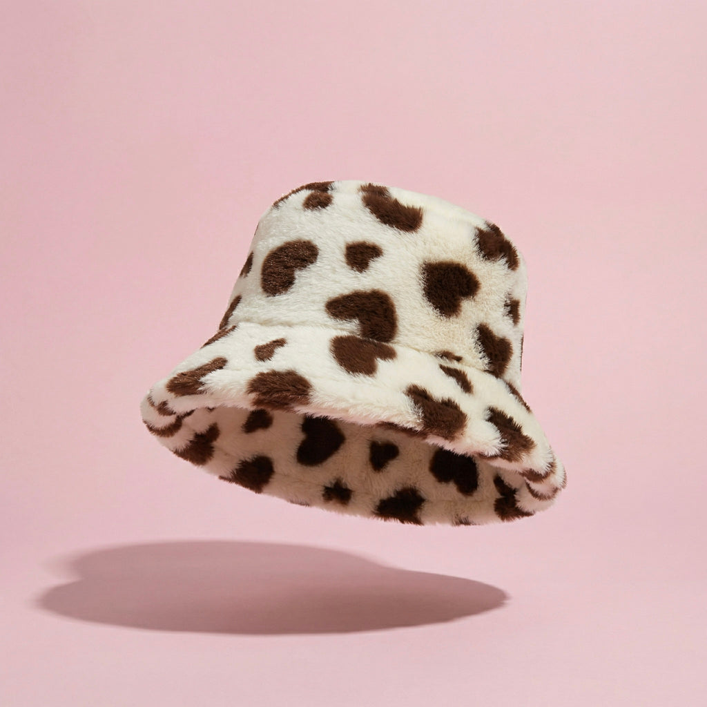 Anna-Kaci Valentine Plush Heart Pattern Bucket Hat Soft Texture Cozy Winter Style