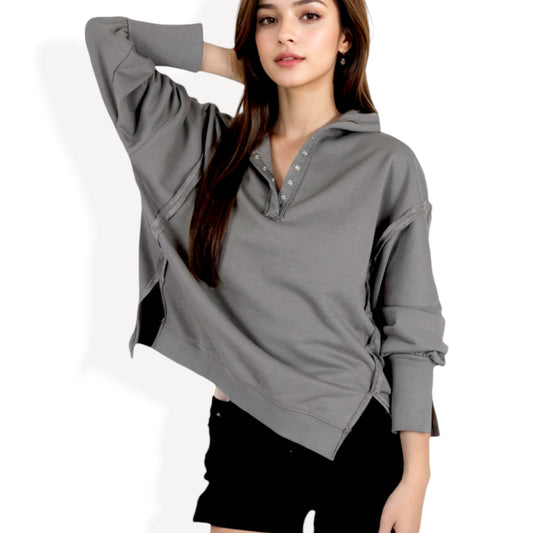 Anna-Kaci Women's Oversized Long Sleeve Pullover with Snap Button Collar and Raw Edge Hem