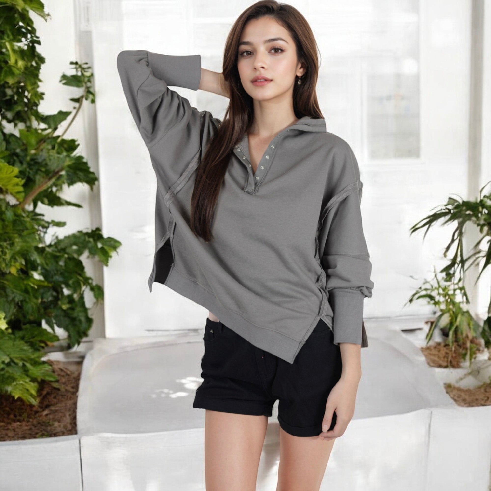 Anna-Kaci Women's Oversized Long Sleeve Pullover with Snap Button Collar and Raw Edge Hem