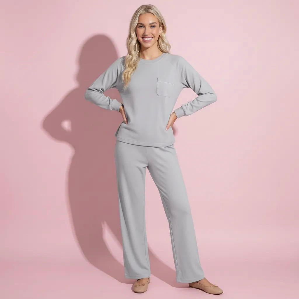 Anna-Kaci Women's 2-Piece Set Long Sleeve Top with Front Pocket and Relaxed Fit Lounge Pants