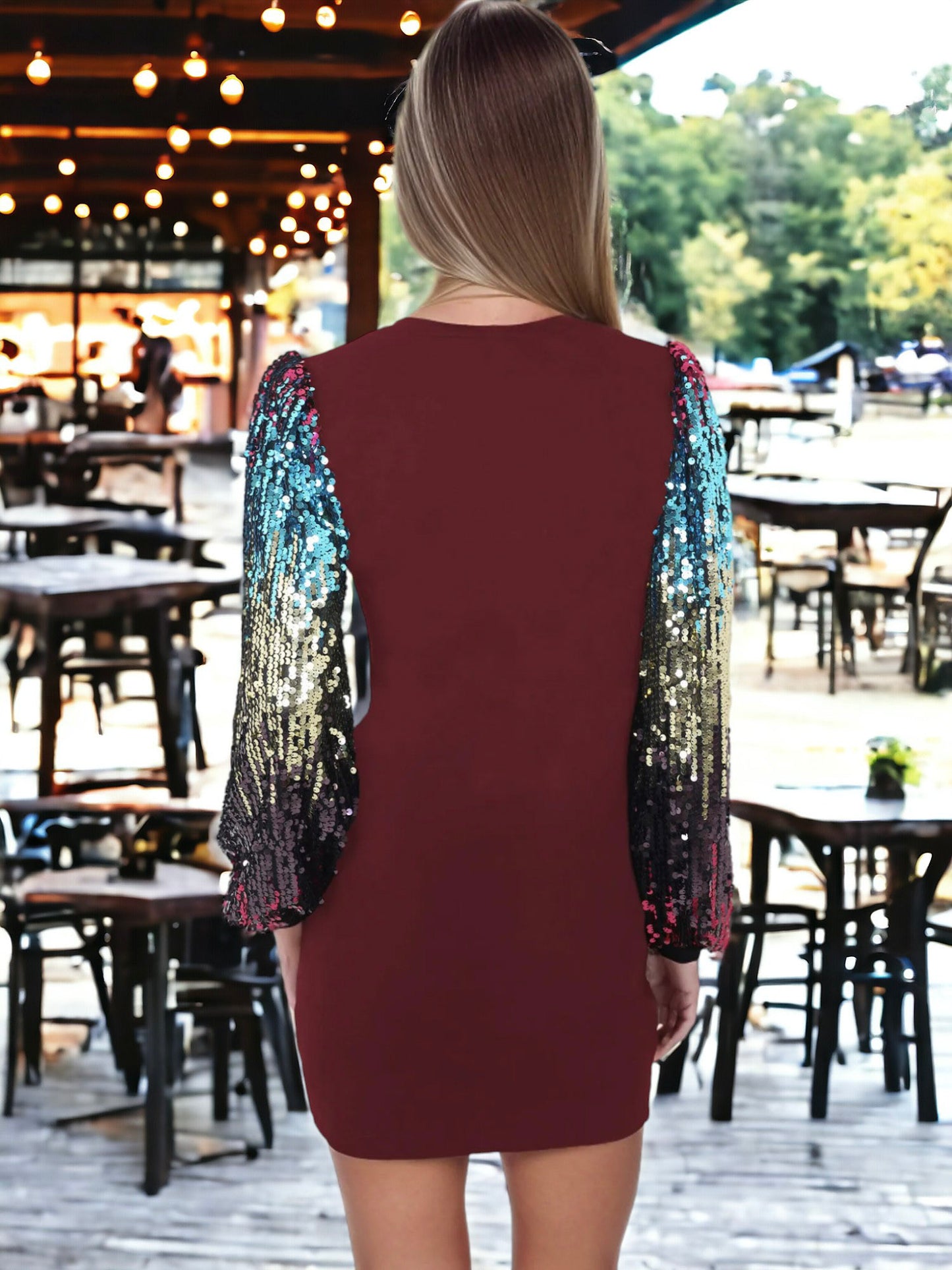 Vestido estilo jersey de cuello redondo y manga larga con lentejuelas de confeti Bishop 