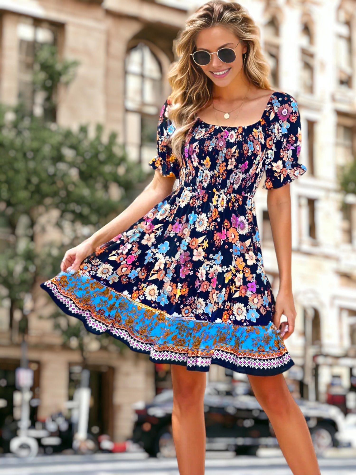 Square Neck Multicolor Floral Dress