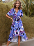 V-Neck Floral Wrap Dress with Short Sleeves and Asymmetrical Hem