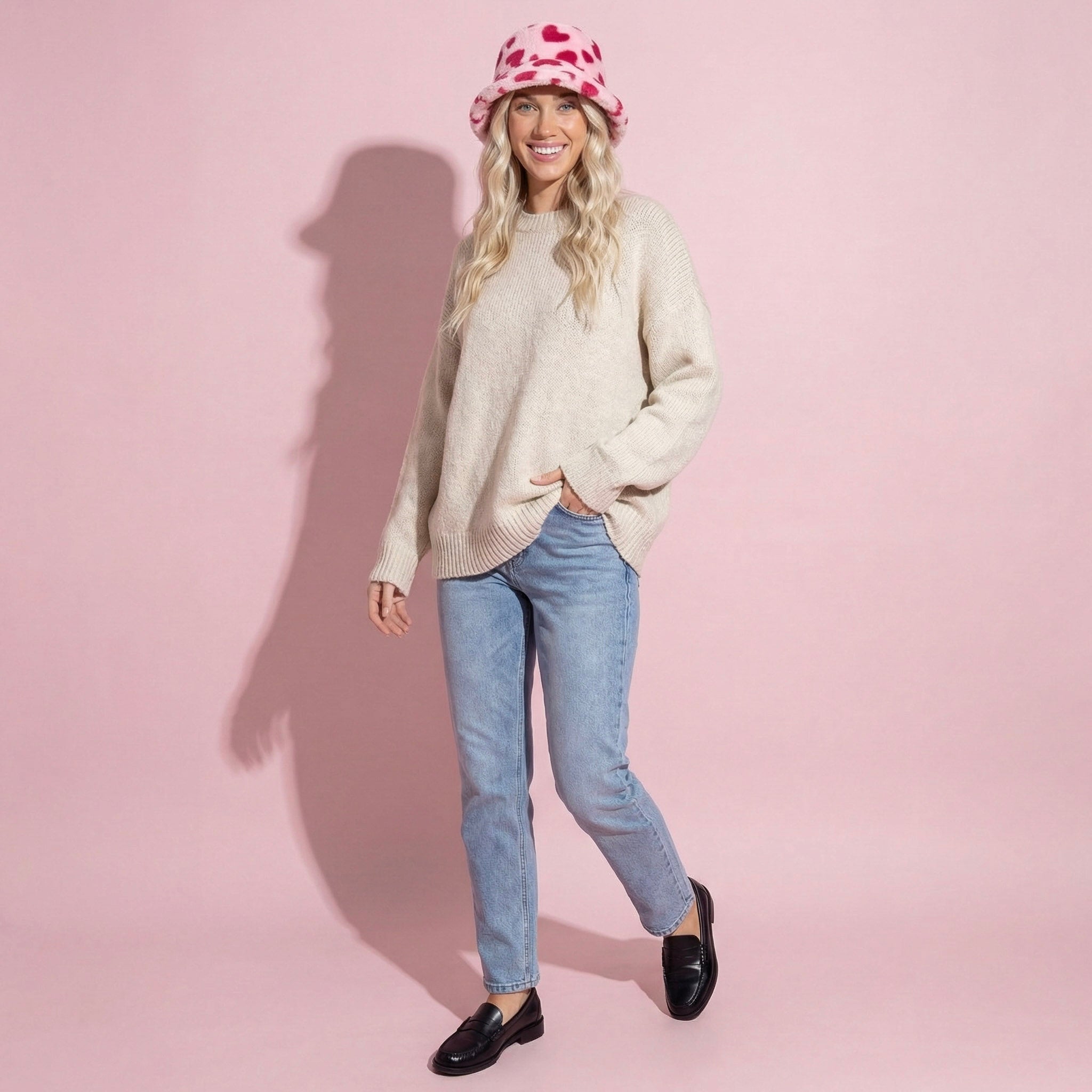 Anna-Kaci Valentine Plush Heart Pattern Bucket Hat Soft Texture Cozy Winter Style