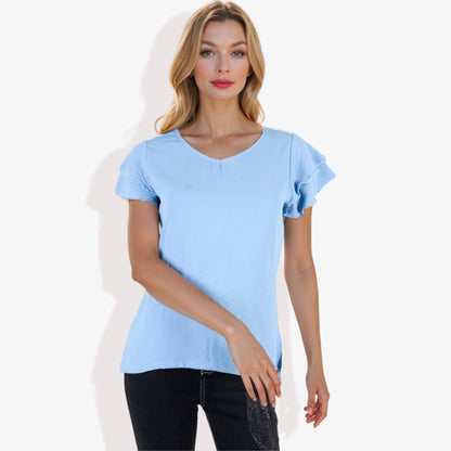 Blusa de mujer de manga corta con escote en V y mangas con volantes de doble capa
