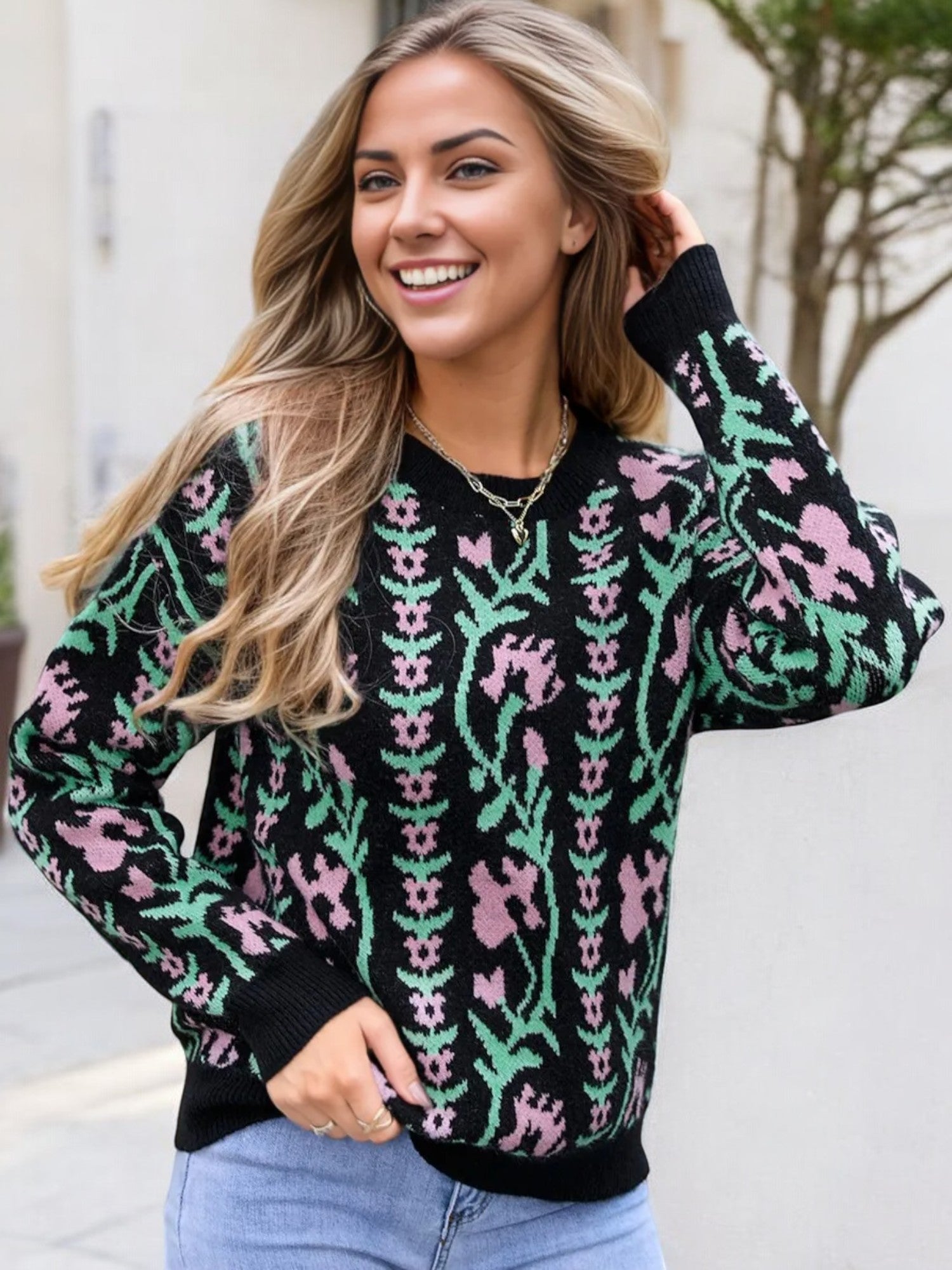 Anna-Kaci Women's Floral Knit Sweater with Crew Neck and Long Sleeves