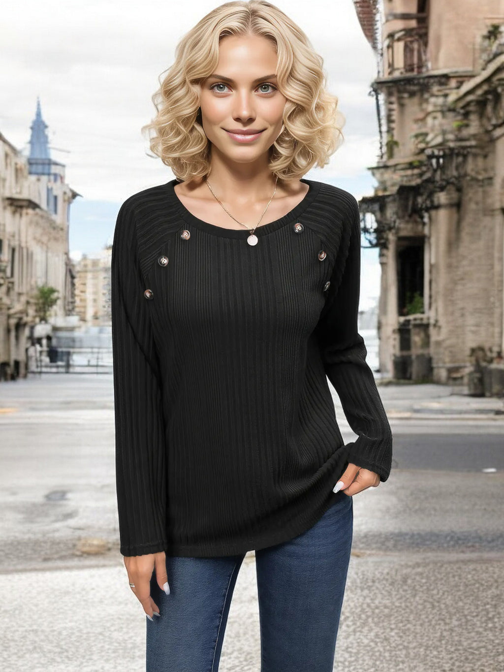 Blusa de punto acanalado de manga larga para mujer de Anna-Kaci con detalle de botones y escote redondo