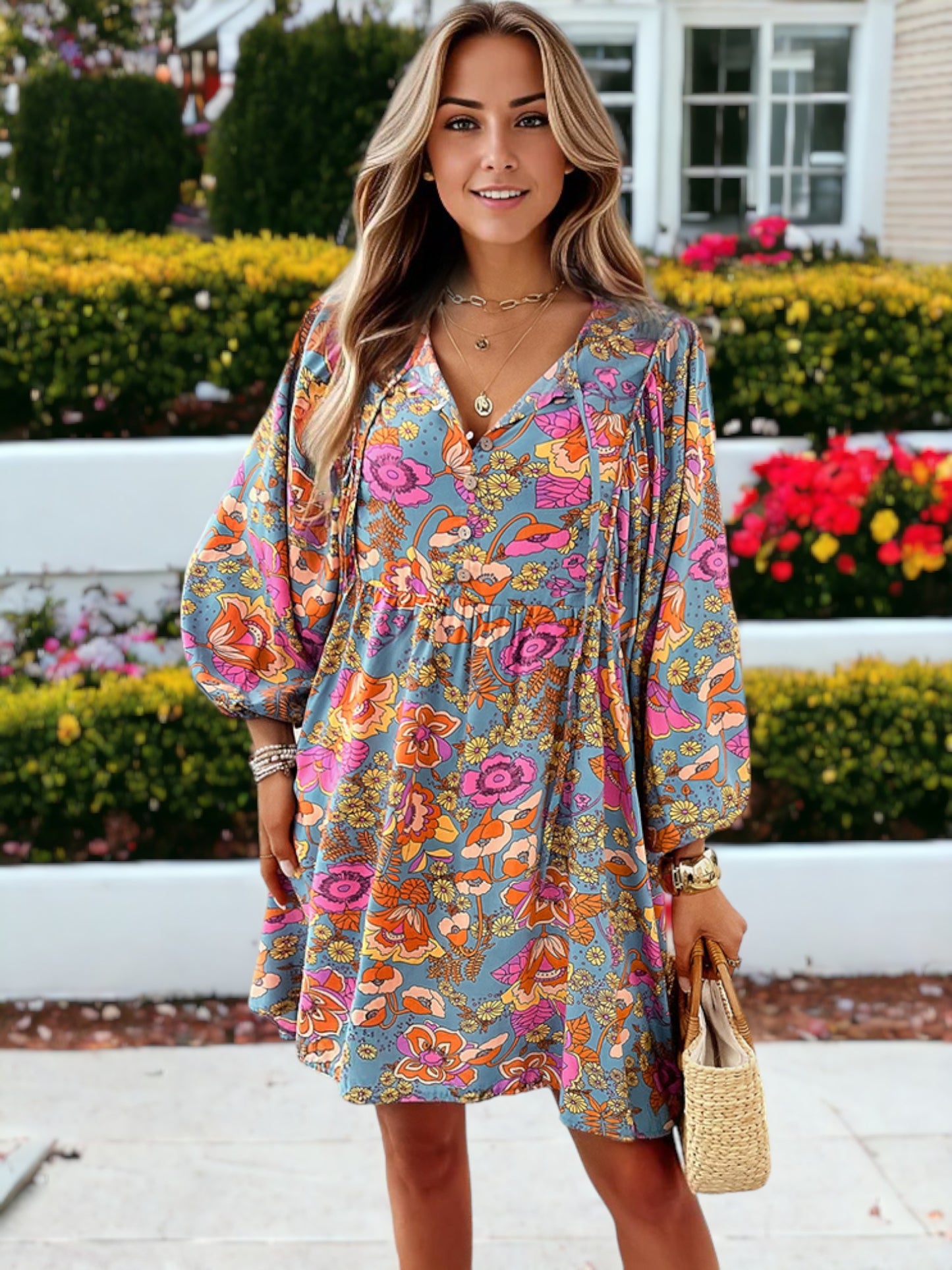 Vestido camisero con mangas de obispo y estampado floral para mujer, para niñas y para ella