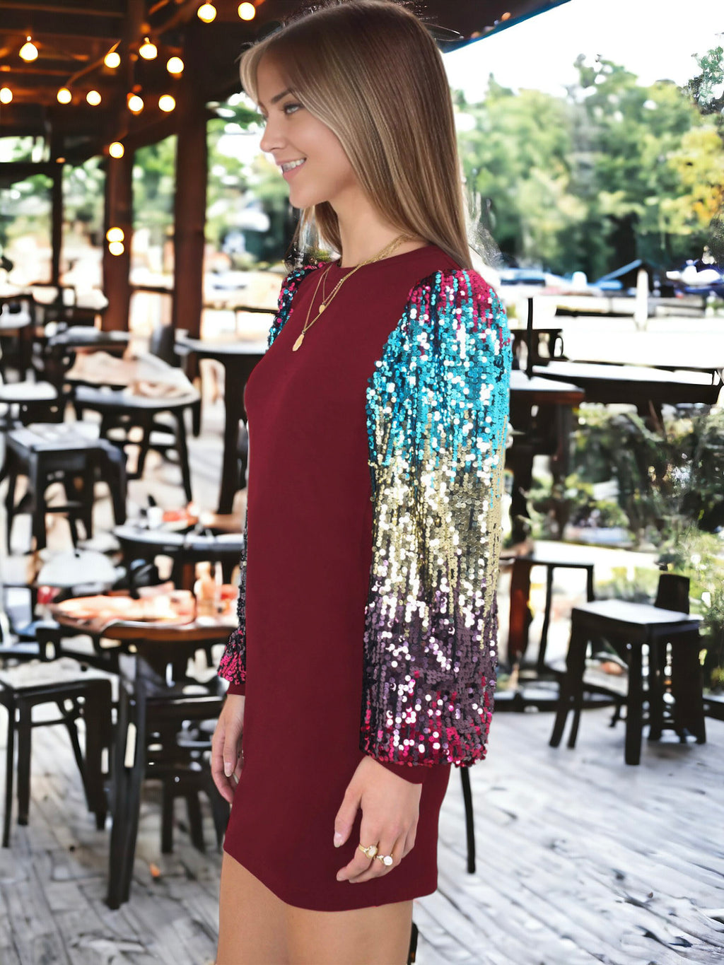 Vestido estilo jersey de cuello redondo y manga larga con lentejuelas de confeti Bishop 