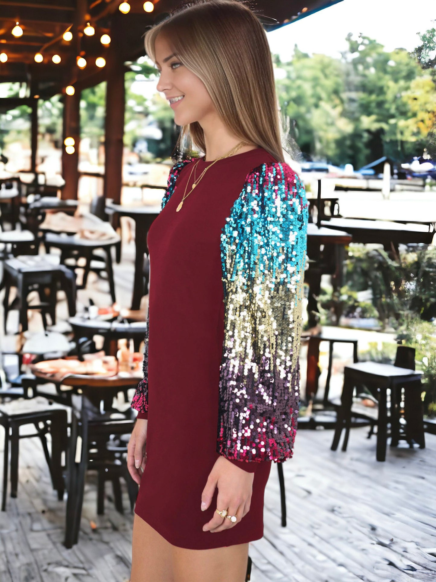 Vestido estilo jersey de cuello redondo y manga larga con lentejuelas de confeti Bishop 