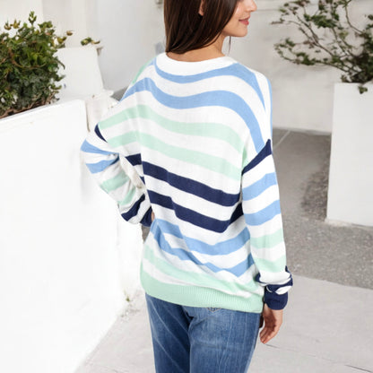 Anna-Kaci Women's Striped Knit Sweater with Long Sleeves and Relaxed Fit