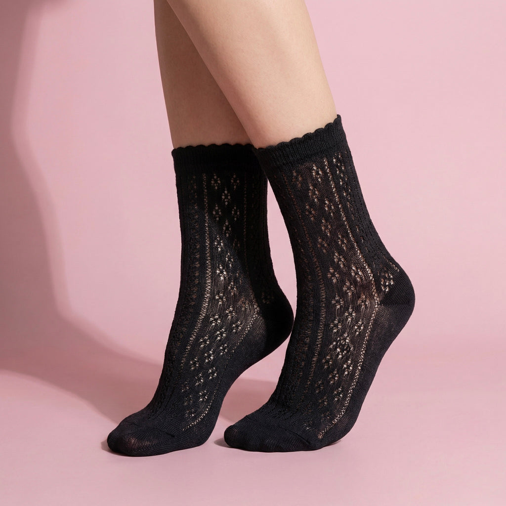 Anna-Kaci 4 Pairs Women's Lace Knit Crew Socks Lightweight Breathable Mesh Style with Elastic Cuff in Assorted Patterns