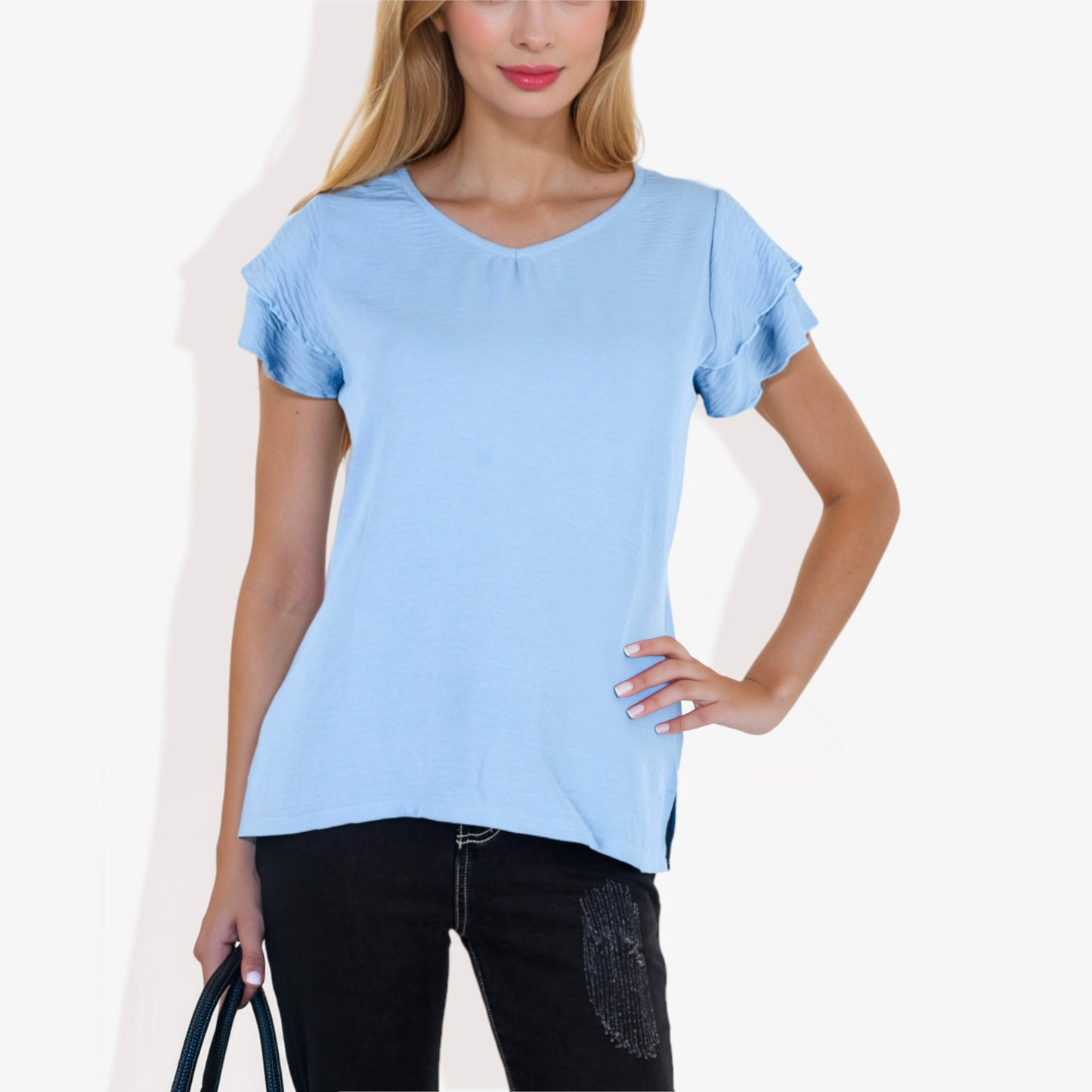 Blusa de mujer de manga corta con escote en V y mangas con volantes de doble capa