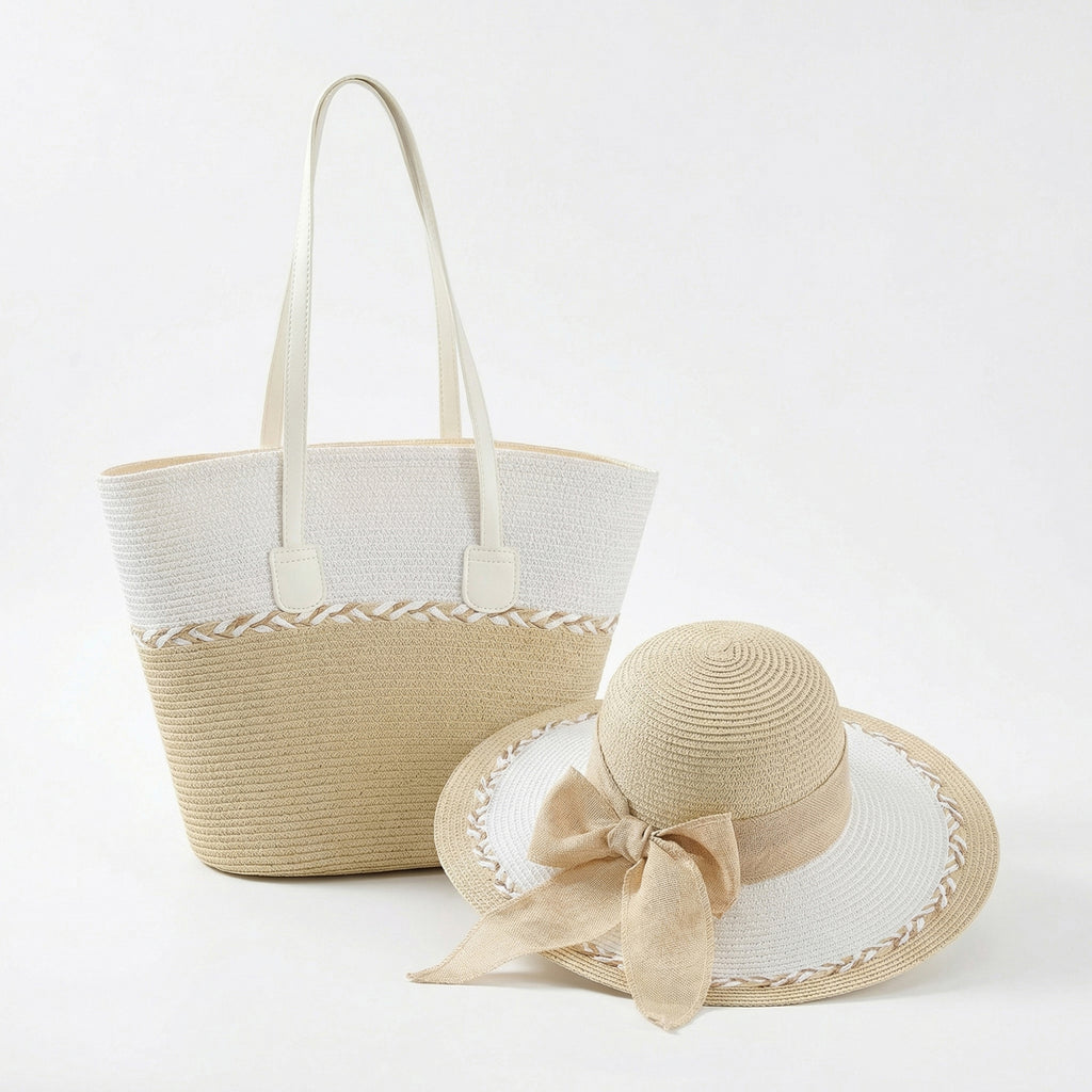 Anna-Kaci Straw Sun Hat and Tote Bag Set Woven Two Tone Design with Bow Wide Brim Beach Accessories