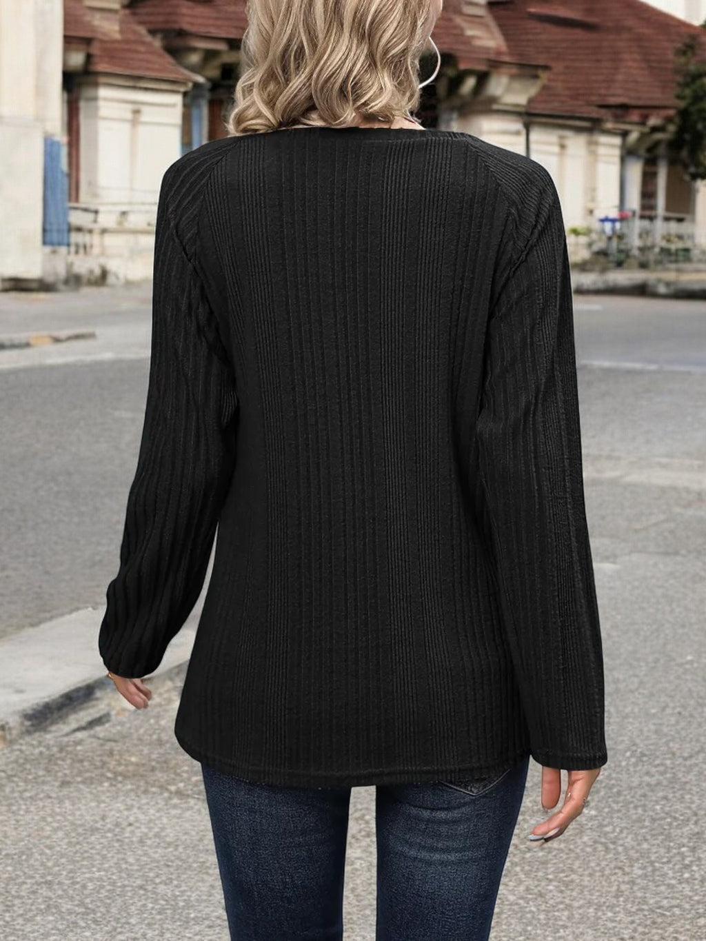 Blusa de punto acanalado de manga larga para mujer de Anna-Kaci con detalle de botones y escote redondo