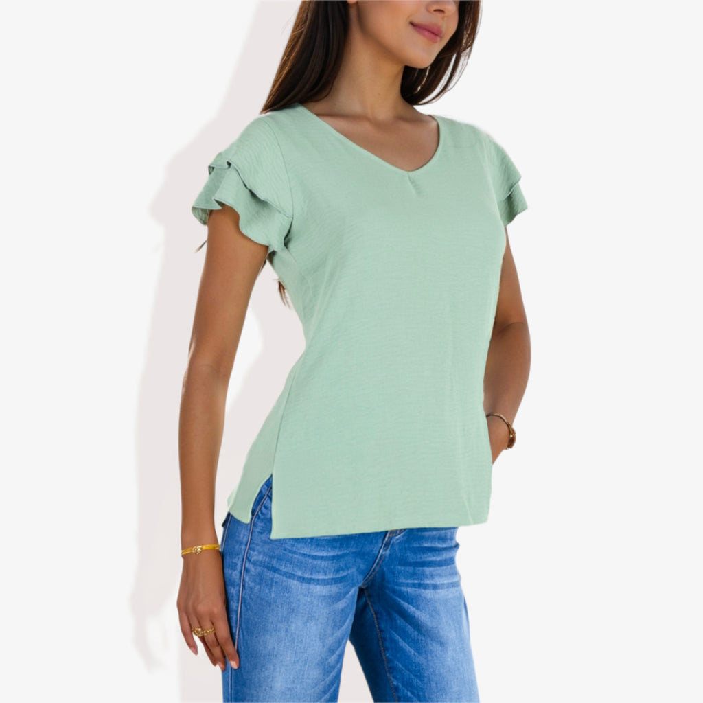 Blusa de mujer de manga corta con escote en V y mangas con volantes de doble capa