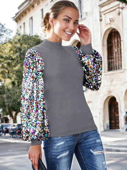 Sequin Puffed Long Sleeve Mock Neck Pullover