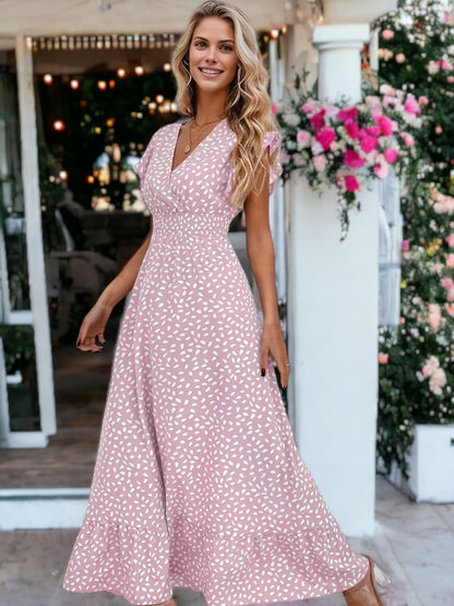 Abstract Print Shirred Waist Maxi Dress