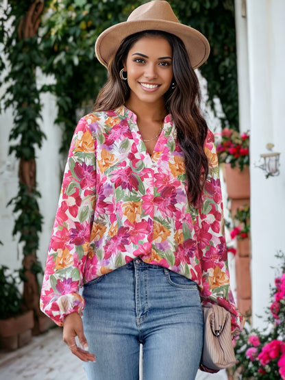 Split V Neck Multicolor Floral Blouse