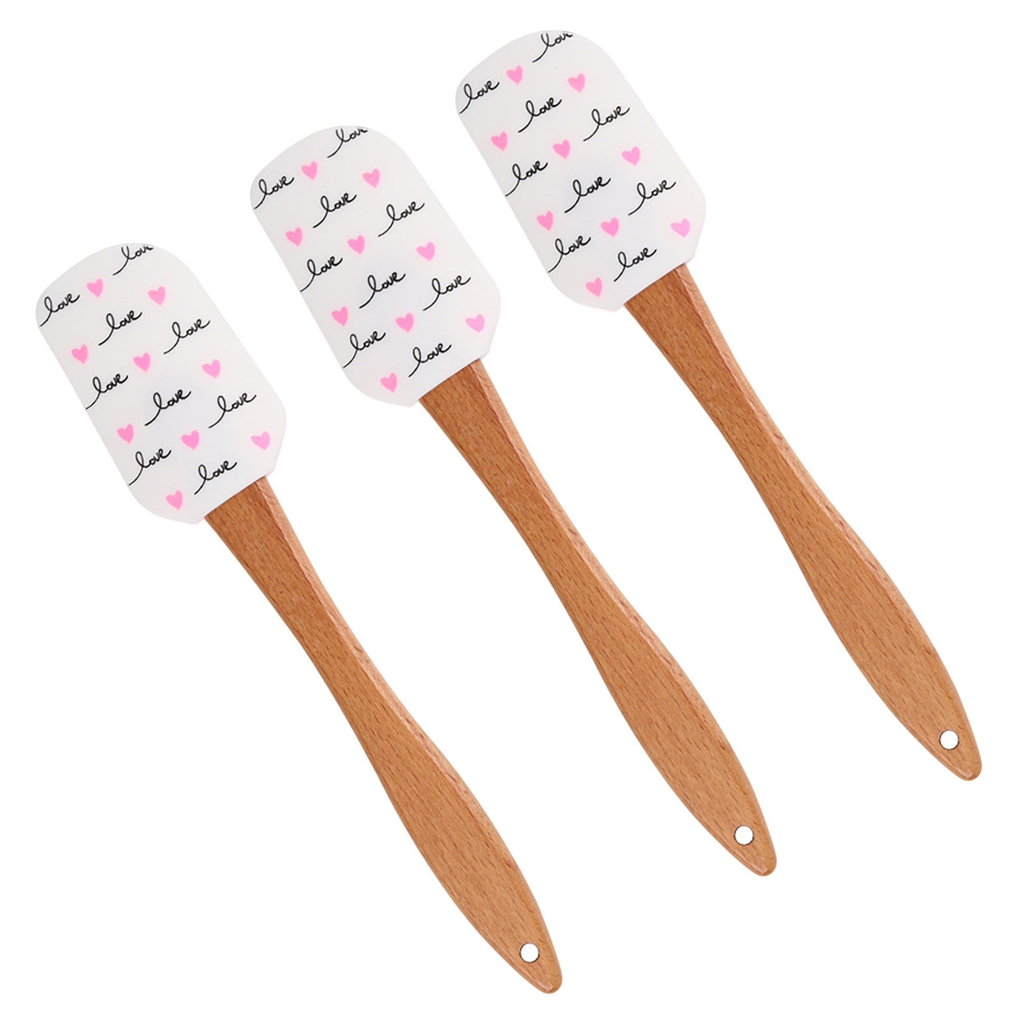 Anna-Kaci Silicone Spatula Set XO Heart Print Wooden Handle Heat Resistant Baking Mixing Kitchen Tools 3 Piece