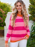 Anna-Kaci Women's Long Sleeve Striped Crew Neck Sweater with Color Block Accents