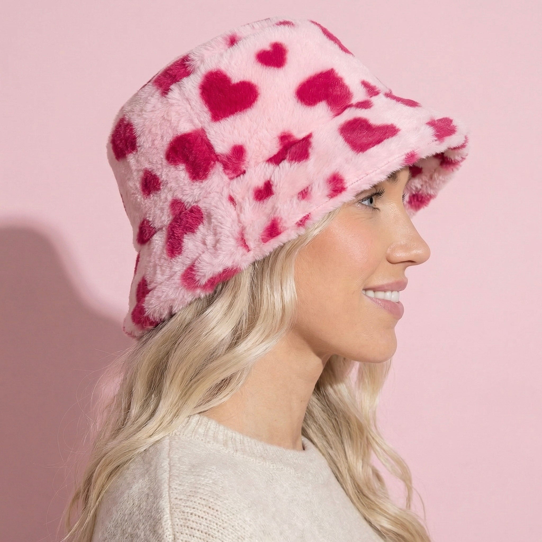 Anna-Kaci Valentine Plush Heart Pattern Bucket Hat Soft Texture Cozy Winter Style