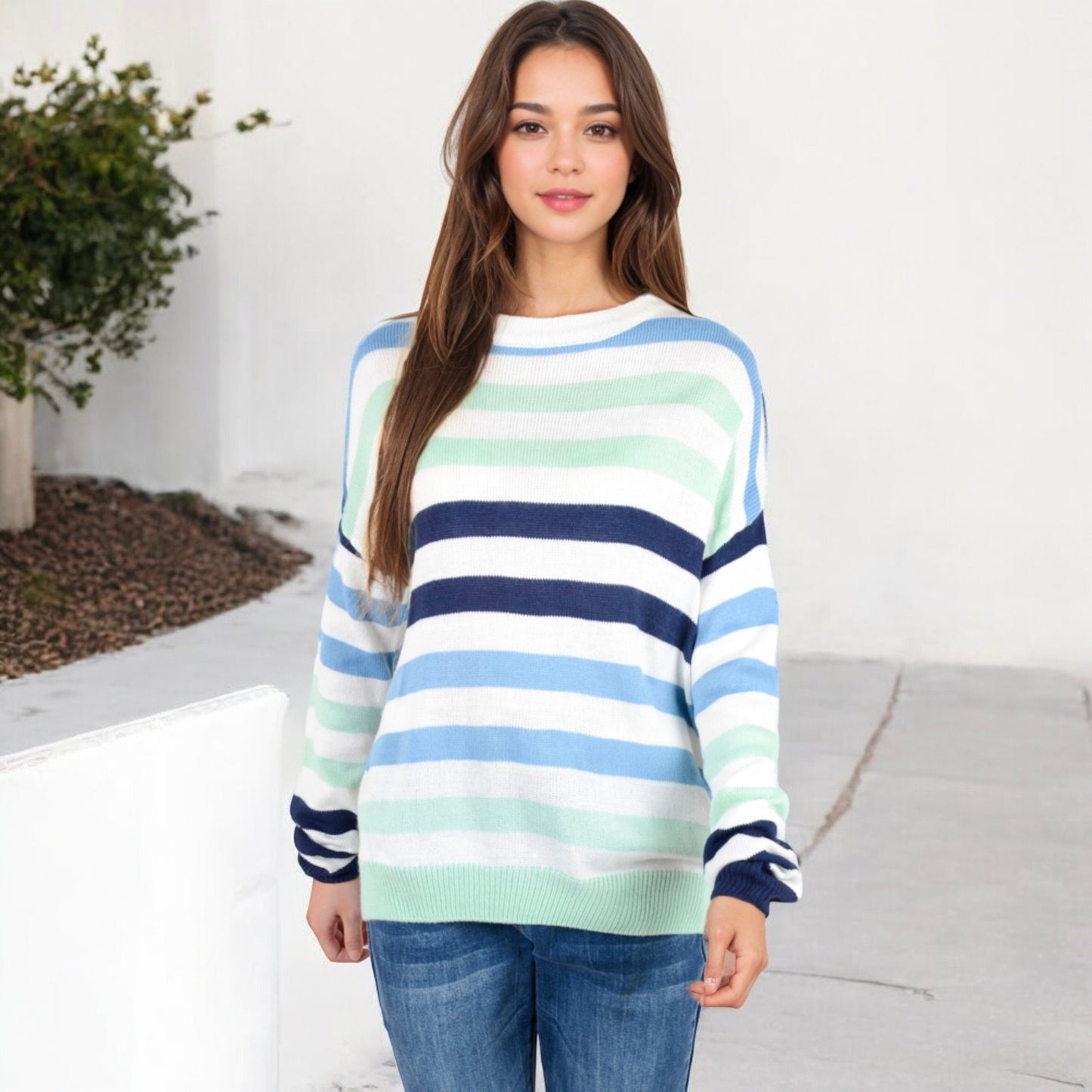 Anna-Kaci Women's Striped Knit Sweater with Long Sleeves and Relaxed Fit