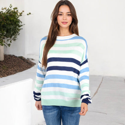 Anna-Kaci Women's Striped Knit Sweater with Long Sleeves and Relaxed Fit