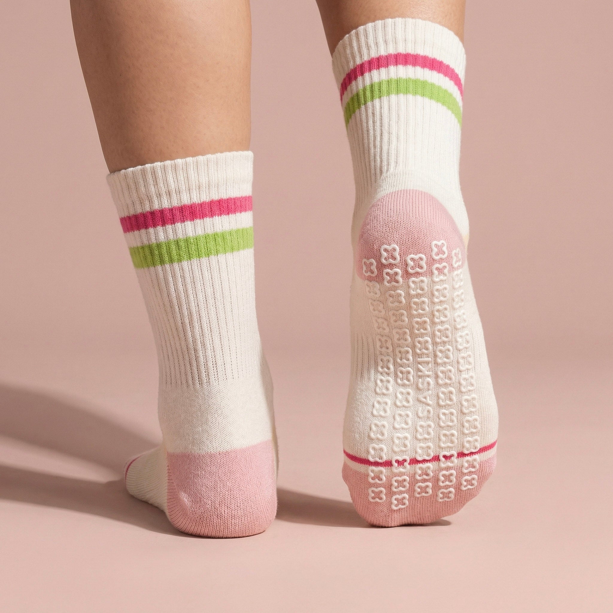 Anna-Kaci Women's 2-Pair Set Crew Athletic Socks with Striped Cuffs and Full Sole Grip for Yoga Fitness