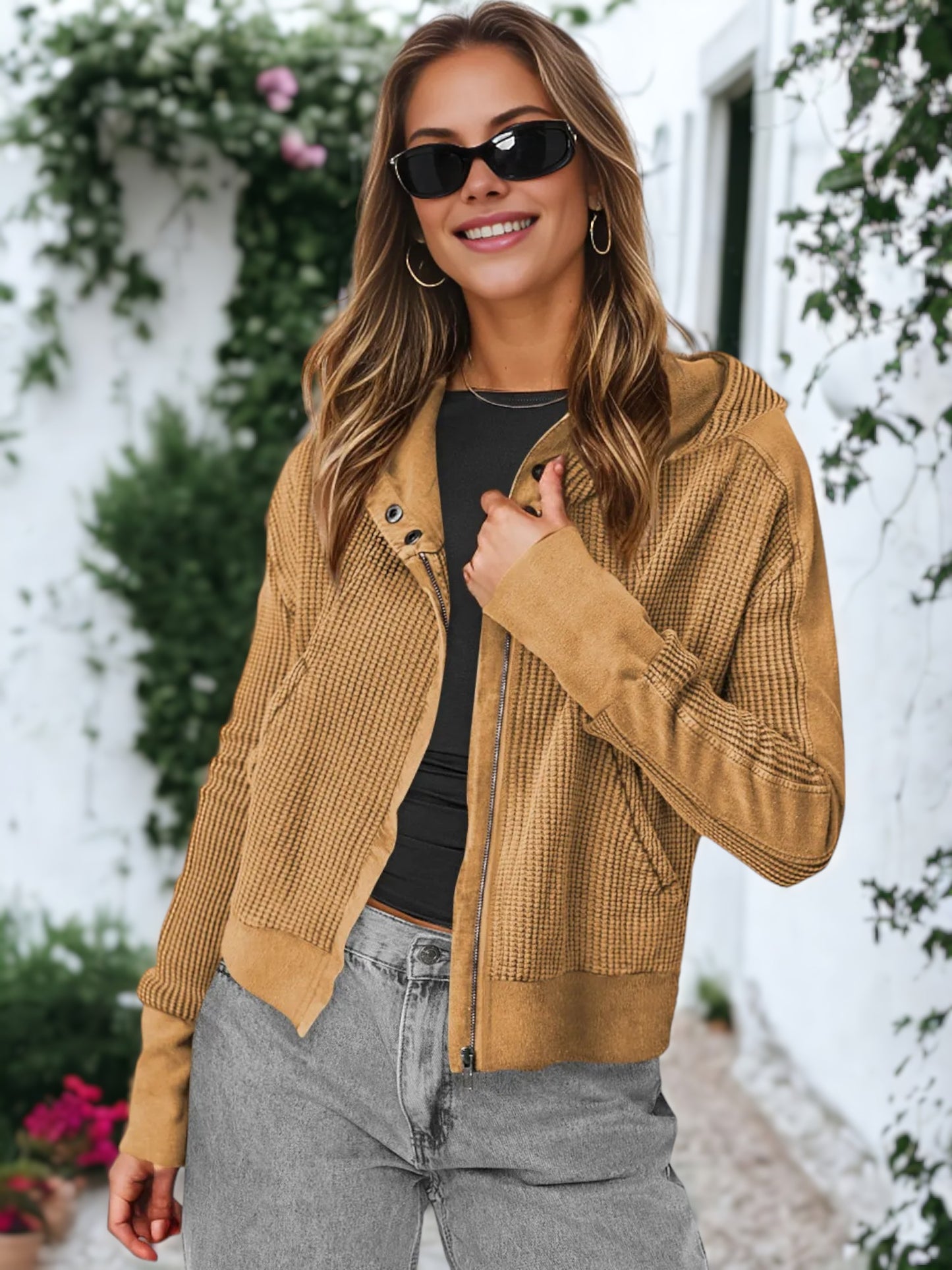 Waffle Knit Button Neck Jacket