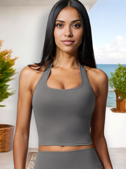 Top corto con cuello halter para mujer, diseño de espalda cruzada y corte elástico