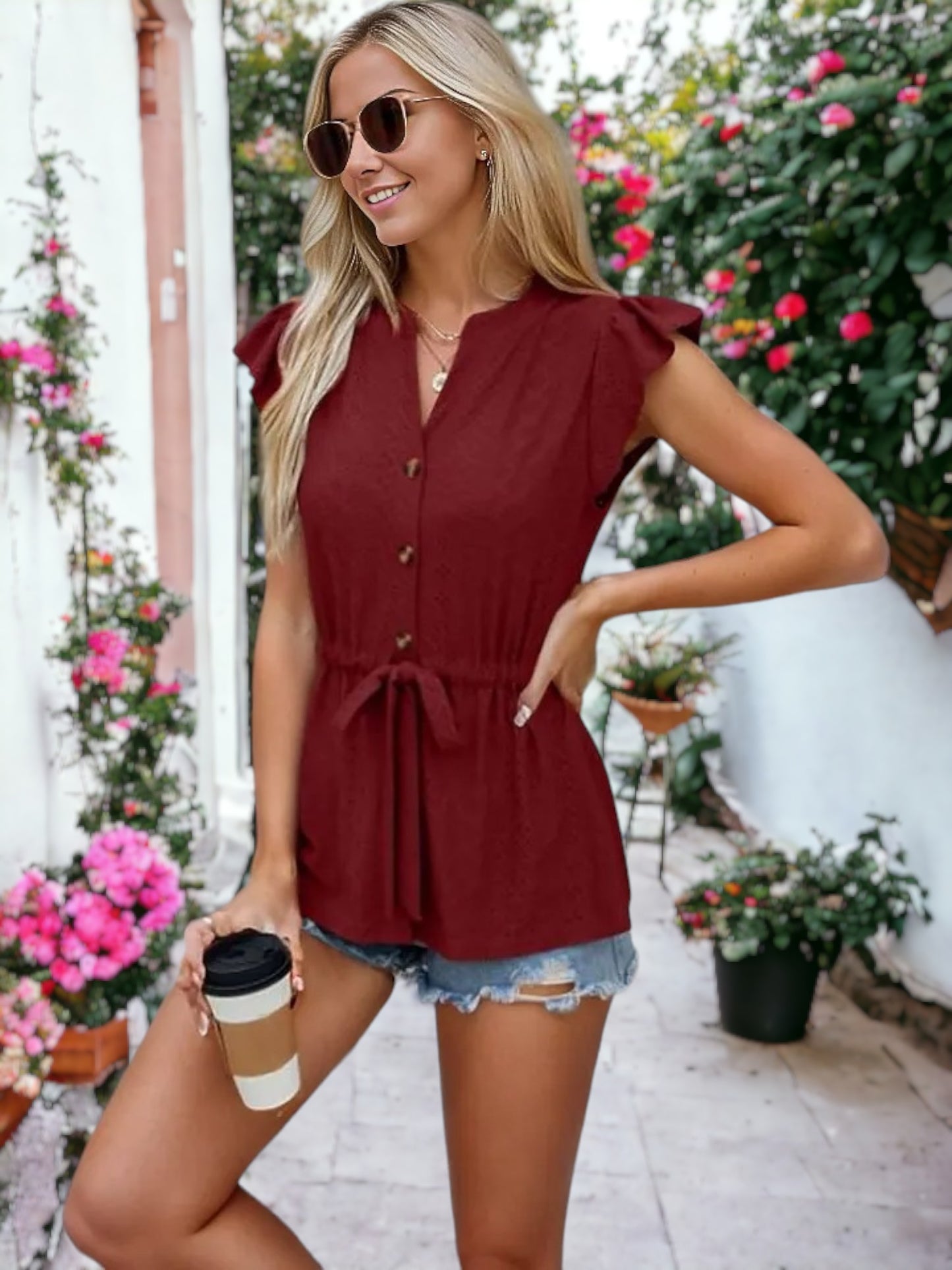 Button Lace Loose T-shirt
