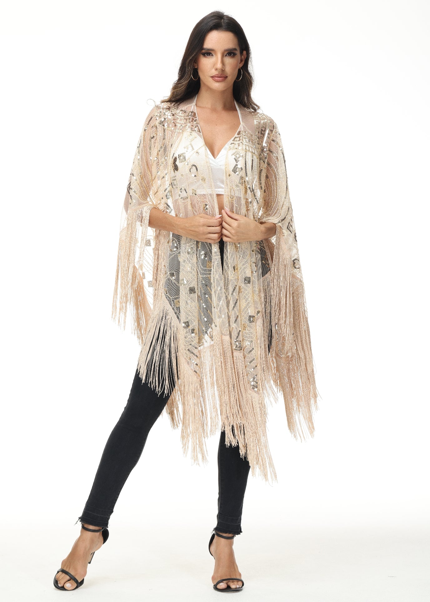 Anna-Kaci Womens Oversize Hand Beaded Fringed Sequin Evening Shawl Wrap