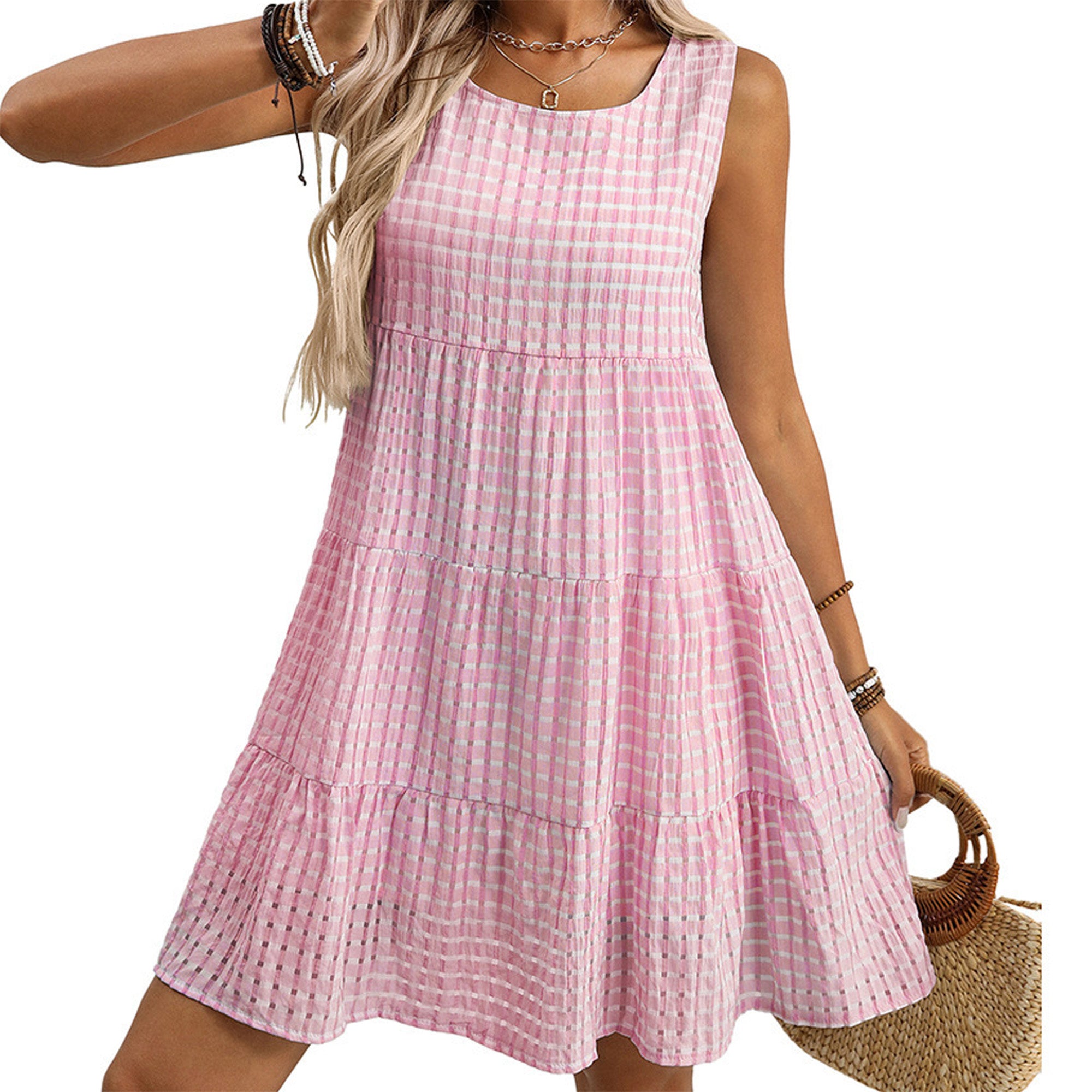 Anna-Kaci Women's Sleeveless Tiered Mini Dress with Textured Check Pattern Round Neck A-Line Silhouette