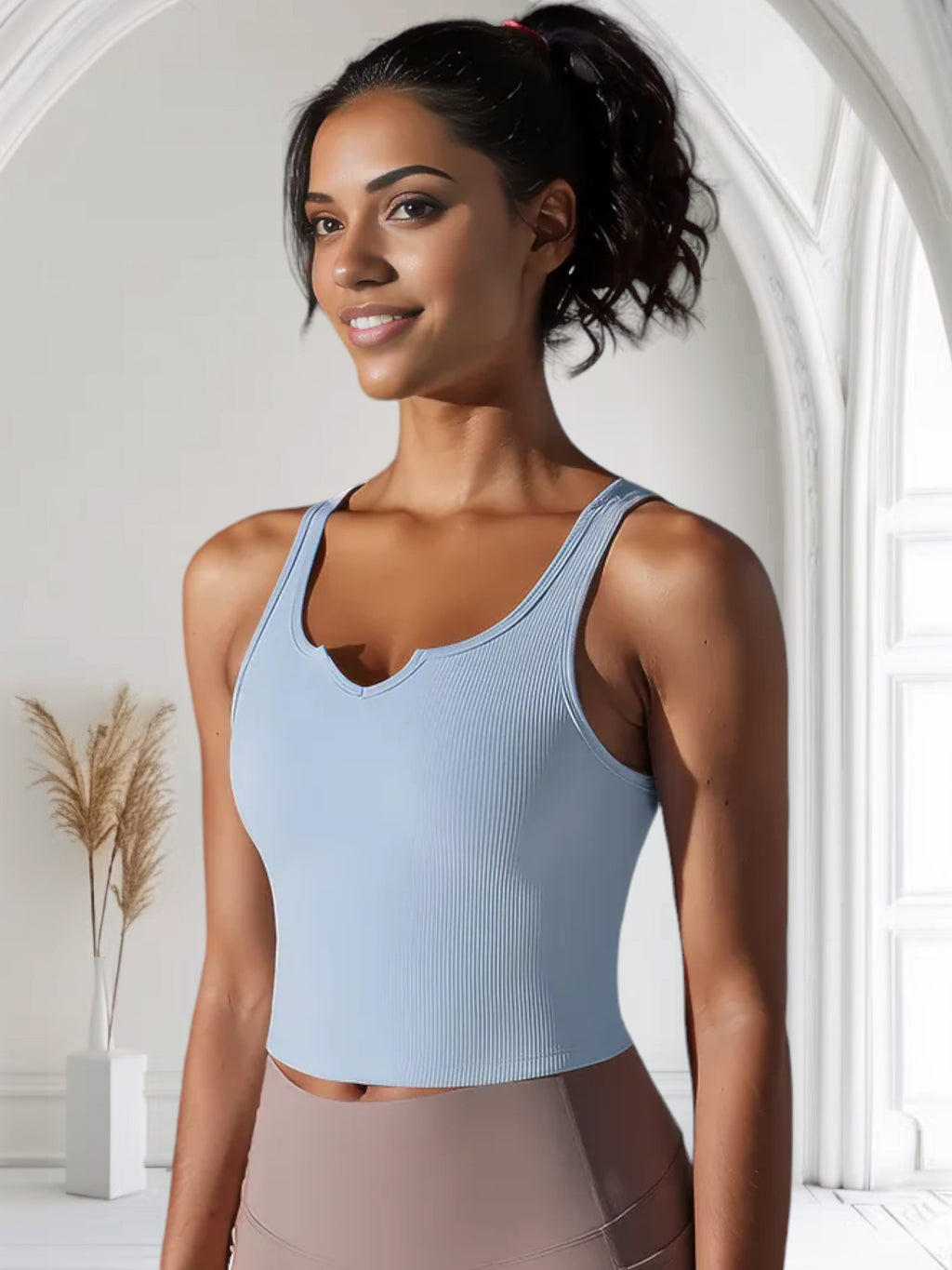 Women's Ribbed Knit Crop Top with Notch Neckline and Sleeveless Design