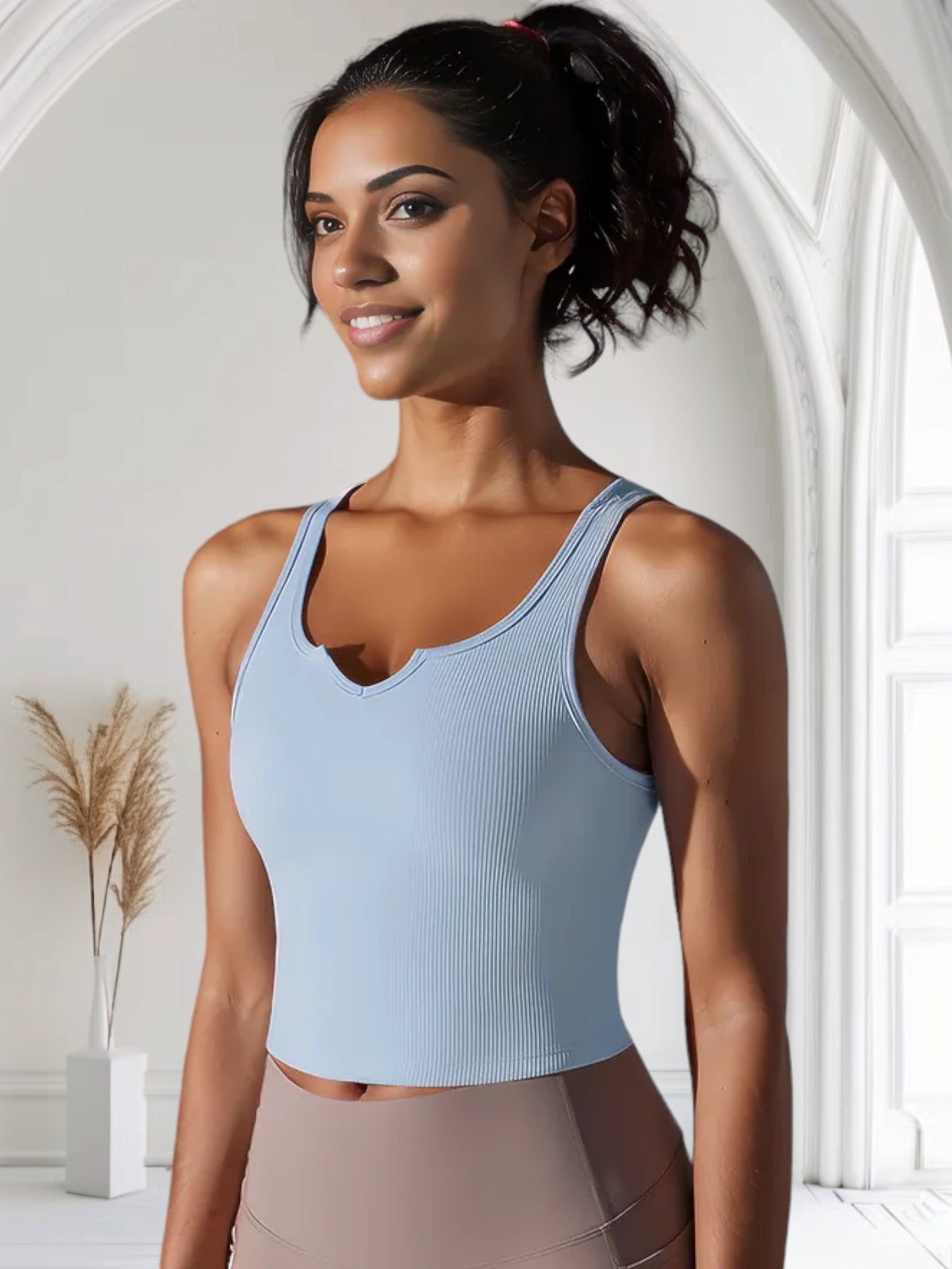 Women's Ribbed Knit Crop Top with Notch Neckline and Sleeveless Design