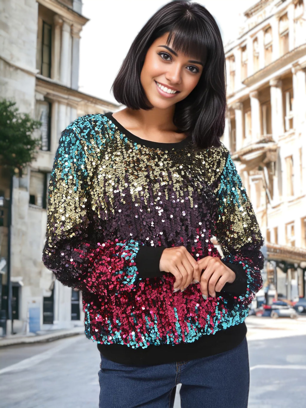 Sequin Sweatshirt Round Neck Long Sleeve Ribbed Cuffs Pullover